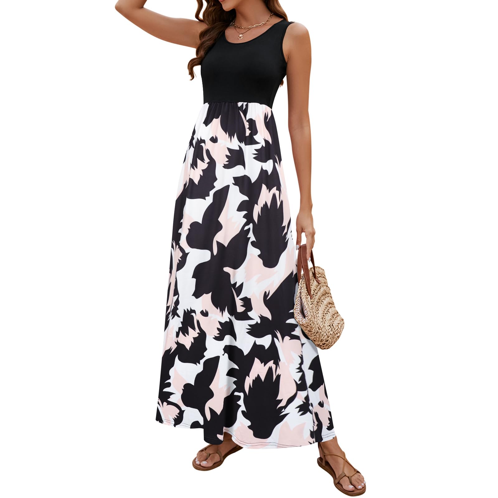 Sherosa Women Boho Chevron Striped Floral Printed Summer Sleeveless Tank Long Maxi Party Dress