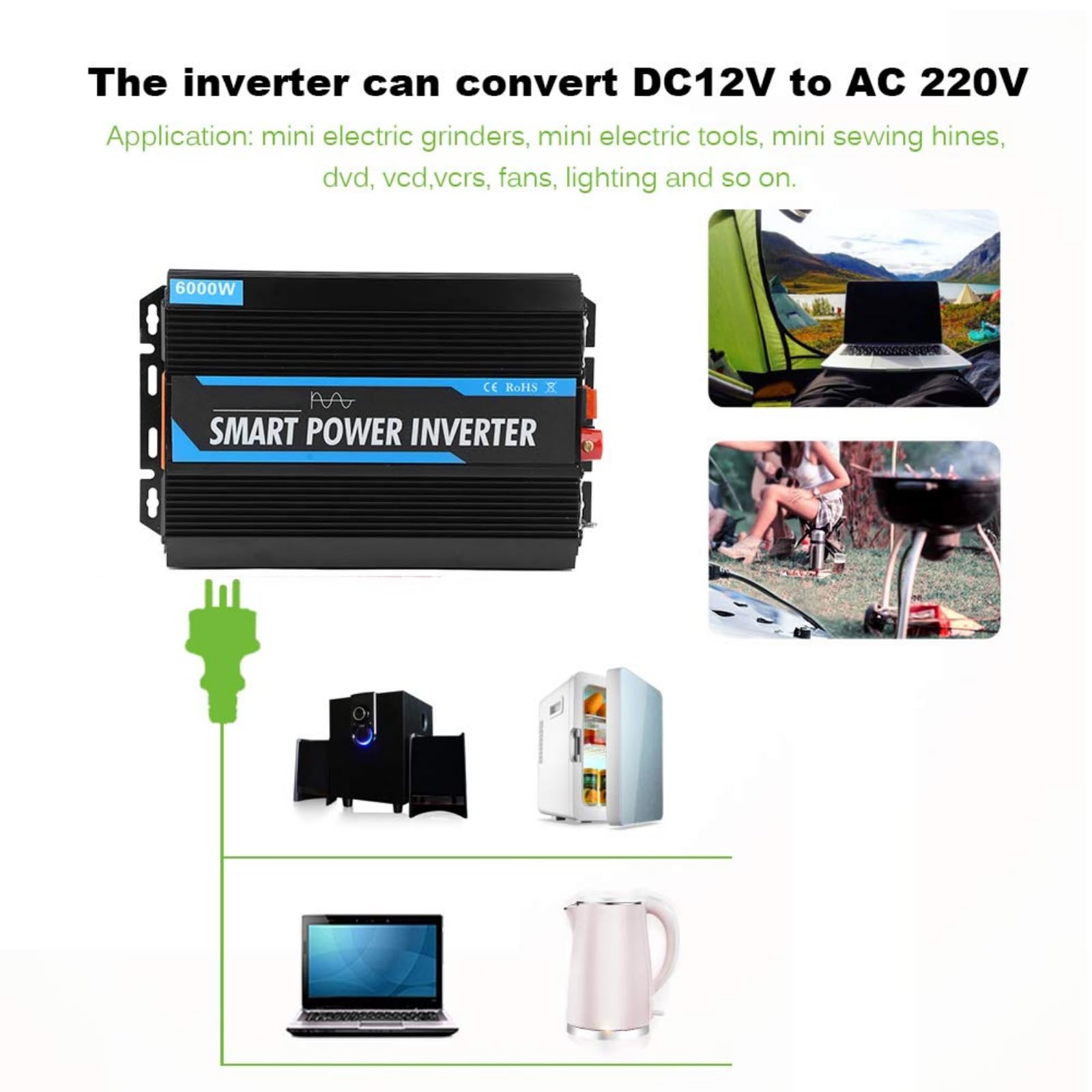 Przetwornica napięcia samochodowego, 5000 W, 12 V do 220 V, czysta fala sinusoidalna, transformator, akcesorium samochodowe, do podróży/biwakowania/zasilania