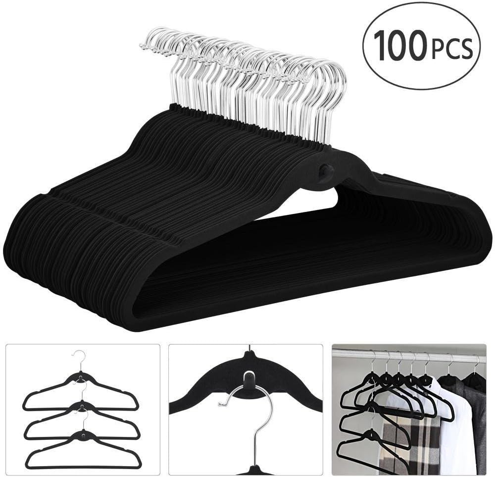 Topeakmart Premium Cascading Velvet Hangers 100 Pack - Non Slip Hangers with Cascading 360 Swivel Hooks Black-Space Saving