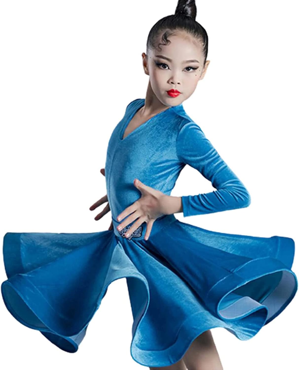 Girl Latin Dance Dress Long Sleeve Lace Ballroom Competition Dancewear Evening Party