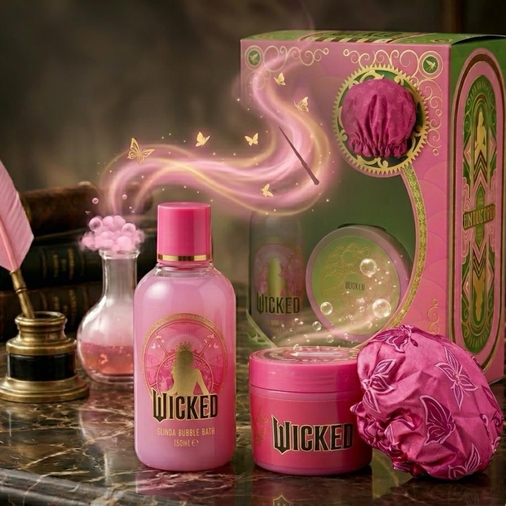 Wicked Glinda - Confezione regalo da bagno in schiuma rosa, burro per il corpo e cuffia da doccia, prodotto con licenza ufficiale Wicked