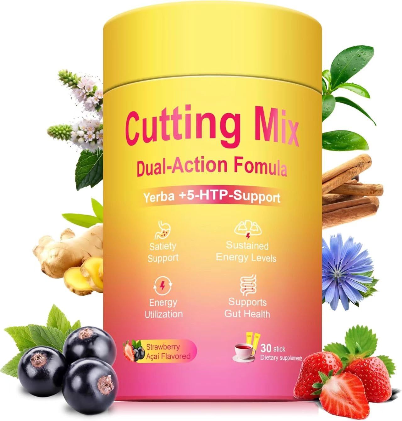 Cutting Mix Drink, Trimtaste Berberine & Yerba Mate Blend, Strawberry Açaí Flavor Daily Wellness Beverage Mix，30 Stick Packs