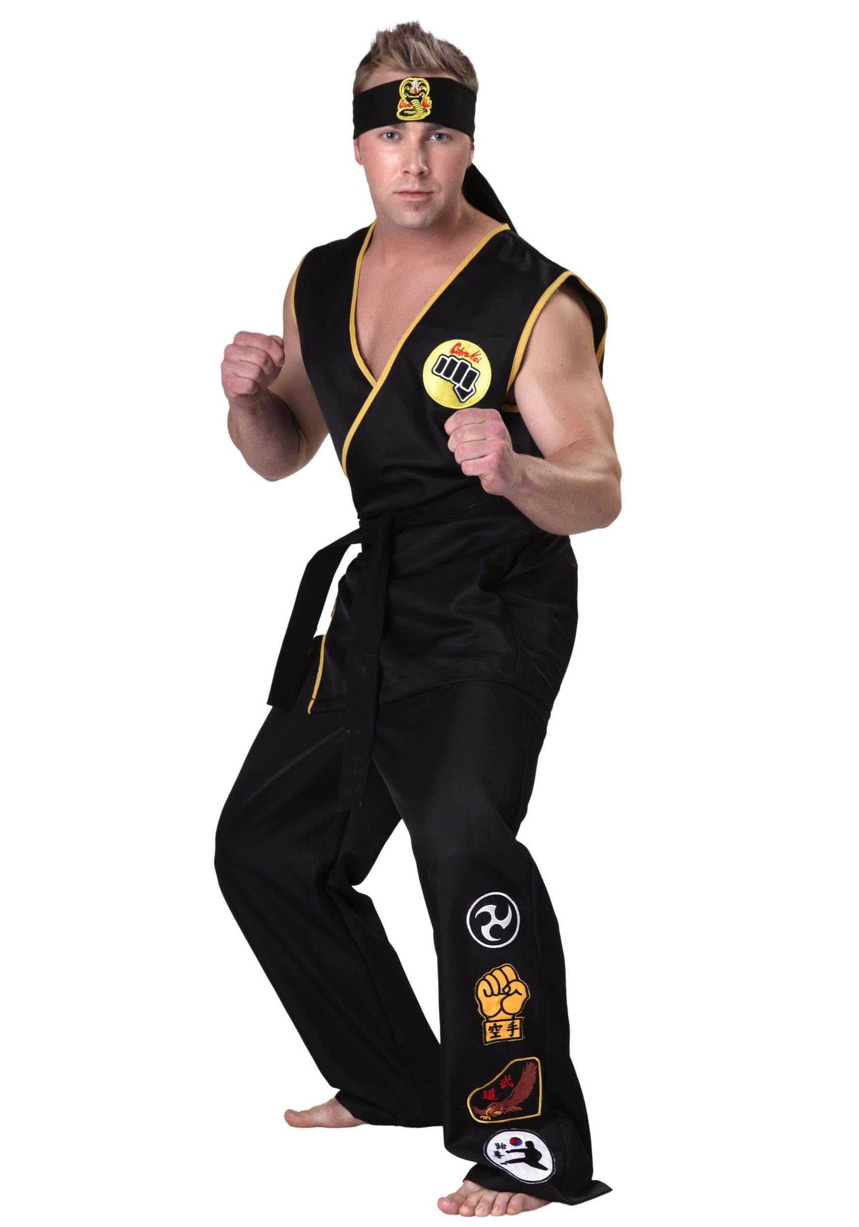 Fun Costumes Men's Black Adult Cobra Kai Fancy Dress Costume Official Karate Kid Sleeveless Gi Uniform Halloween Outfit Large