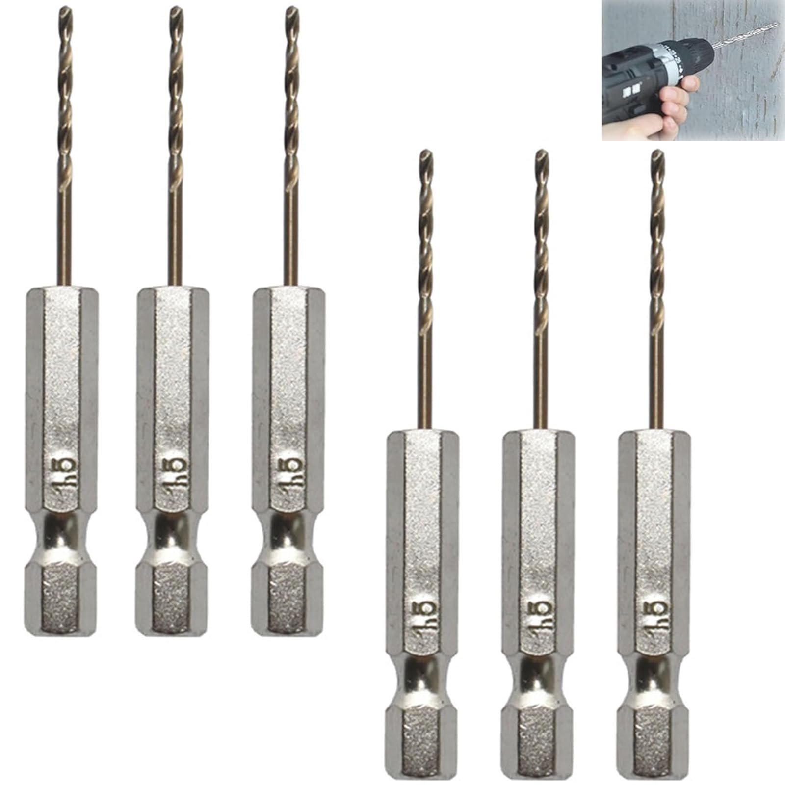 6 Pcs Pilot Drill Bits, High Speed Steel Hex Shank Twist Drill Bit, 1.5mm Drill Bits with 1/4 Inch Hex Shank 60mm Length,for Woodworking Stainless Steel Plastic