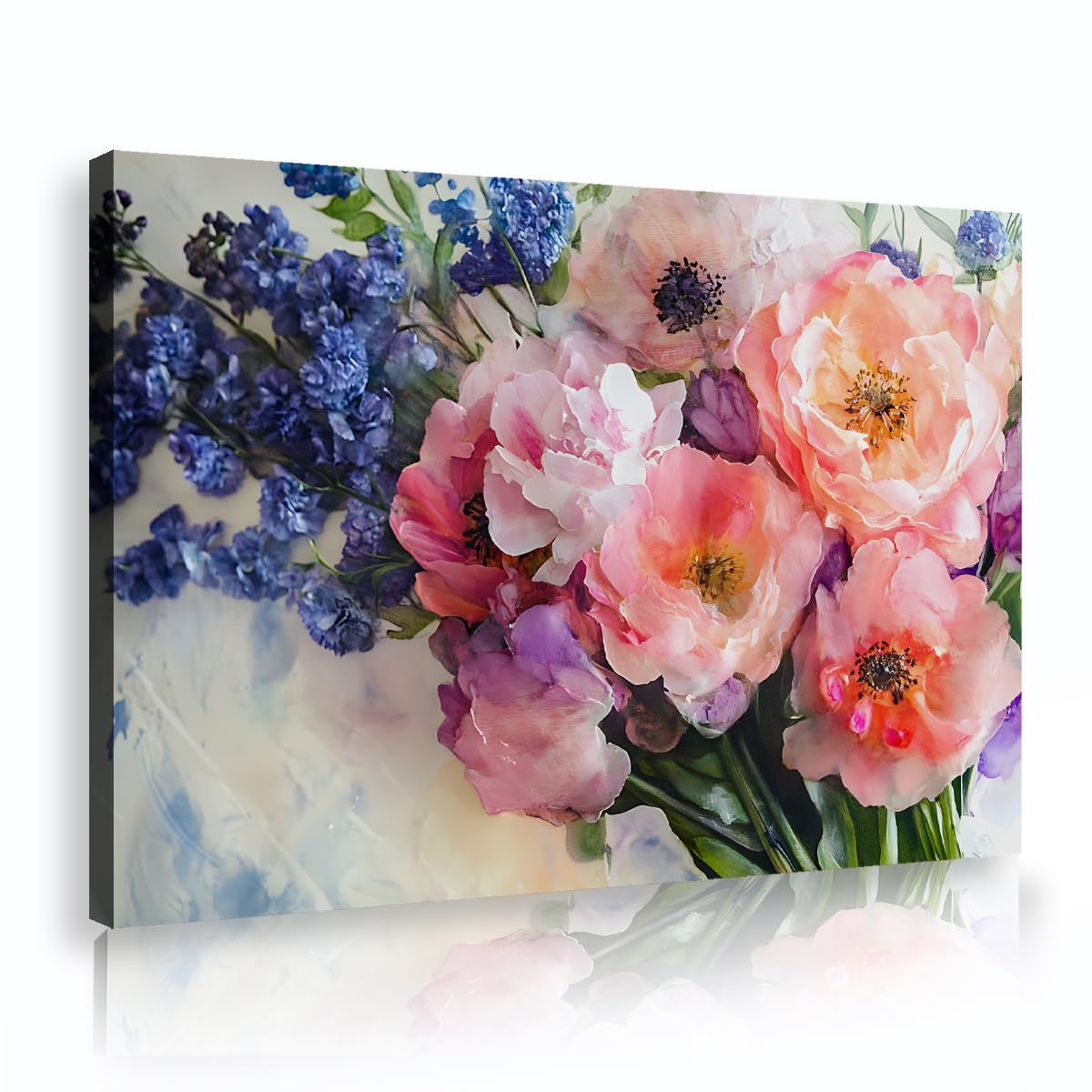 TOANGWALL Pink Peony Canvas Wall Art Blue Floral Bouquet Painting Colorful Petals Mural Pictures Artwork Modern Framed Poster Prints For Bed Head Staircase Decor 80x120cm