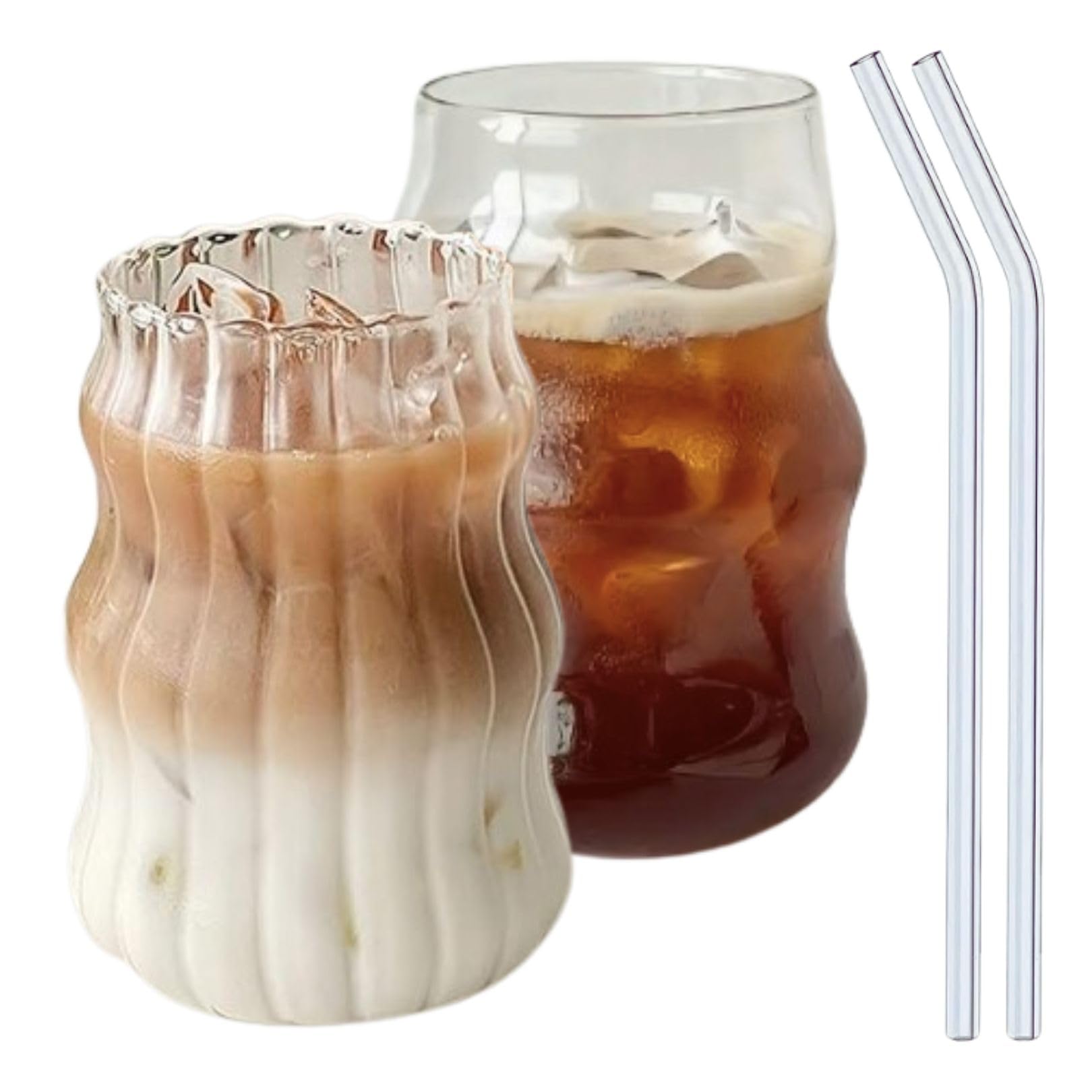 2 Pack 550ML and 2 Straws Iced Coffee Glasses, Bubble Drinking Glasses Tumblers Glass Cups Cute Wave Ripple Shaped Vintage Ribbed Glassware Cocktail, Water, Soda, Juice, Beer, Coffee