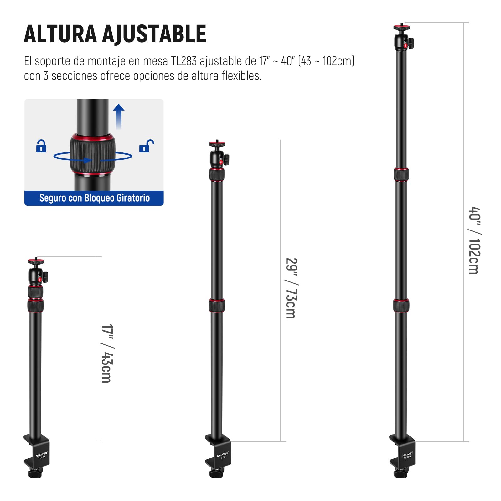 NEEWER Soporte Escritorio Extensible para Cámara con Cabezal Bola, 17"-40" Soporte Luz Mesa Ajustable con Tornillo 1/4" y C Clamp para Cámara DSLR, Aro Luz, Vlog, Carga Máxima: 6.6lb/3kg, TL283 ROJO