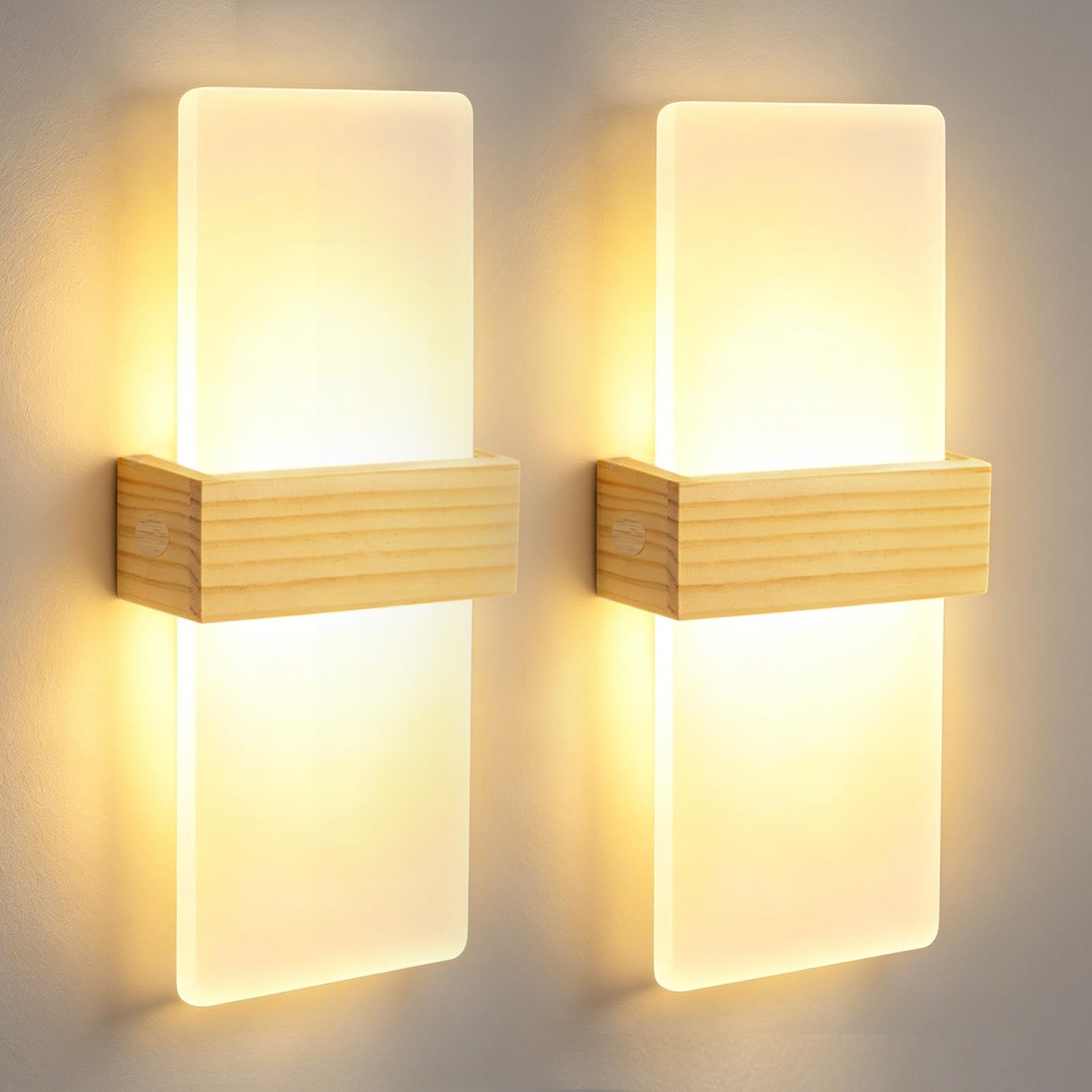 2 pièces Applique Murale Intérieure Bois 3000K Blanc Chaud 12W Lampe Murale Chambre LED Moderne en Acrylique Applique Murale Éclairage Haut et Bas pour Couloir Escalier Chambre Salon