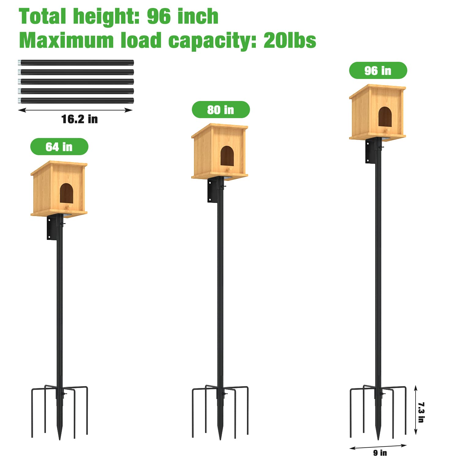 ERYTLLY Bird House Pole Mount Kit 96 Inch - Adjustable Hummingbird Bird Feeder Post Support Rod Universal Stand Set with 5 Prongs for Outdoor, Yard, Garden Decor, Black