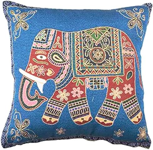 Yung Jo Cotton Linen Woven Elephant Pattern Square Decorative Throw Pillow Case Cushion Cover, 18"x 18" (Blue Elephant)