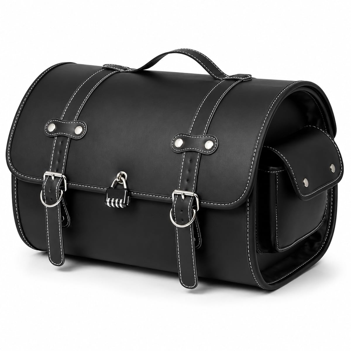 Baule Moto 45 L Nero Per Scooter, Box Posteriore Rigido Effetto Pelle Con Chiusure, Maniglia E Tasca Laterale, Forma Cilindrica, Per Casco, Guanti E Accessori Viaggio E Uso Urbano.