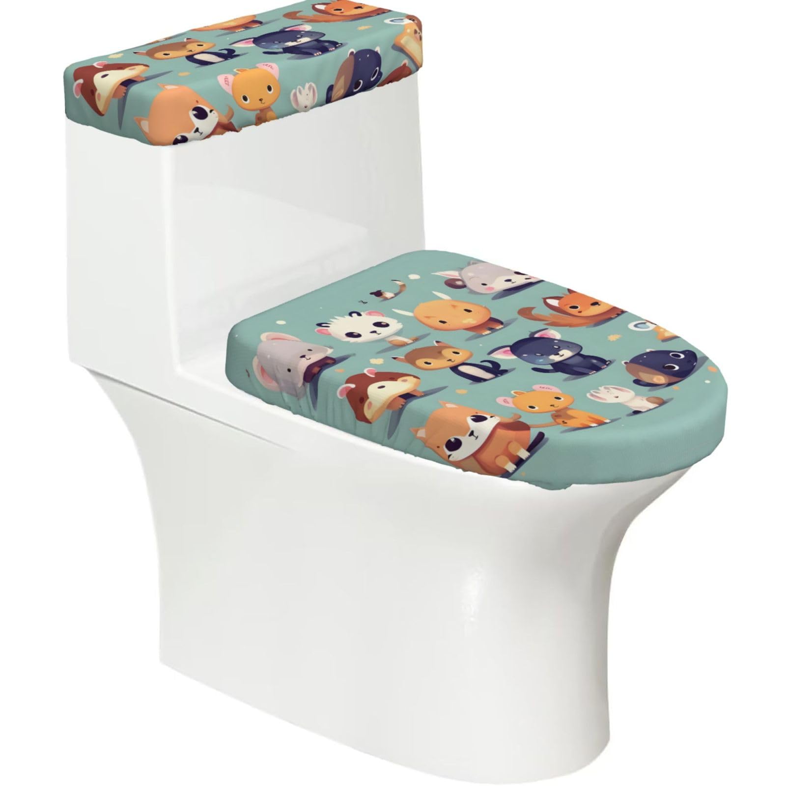 Cute Little Animals Elastic Toilet Cover Set of 2-Stretchy Lid and Tank Covers for Bathroom, Soft Washable U Shape Toilet Decor