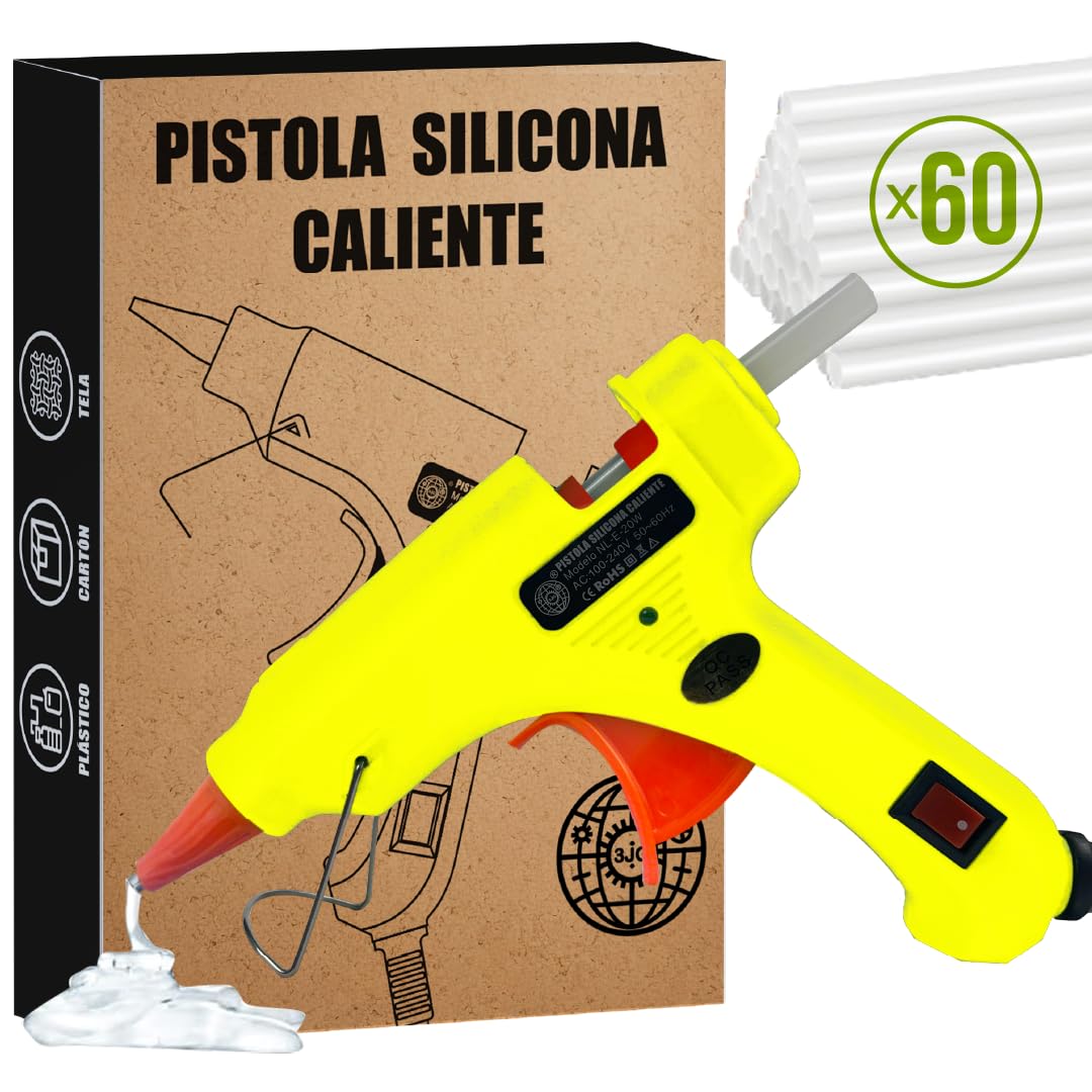 Pistola Silicona Caliente, Pistola de Pegamento Caliente, 20W Pistola de Pegamento con 60pcs Barras, Juego de Pistola de Silicona Para la Escuela Arte de Bricolaje Calentamiento Rápido.