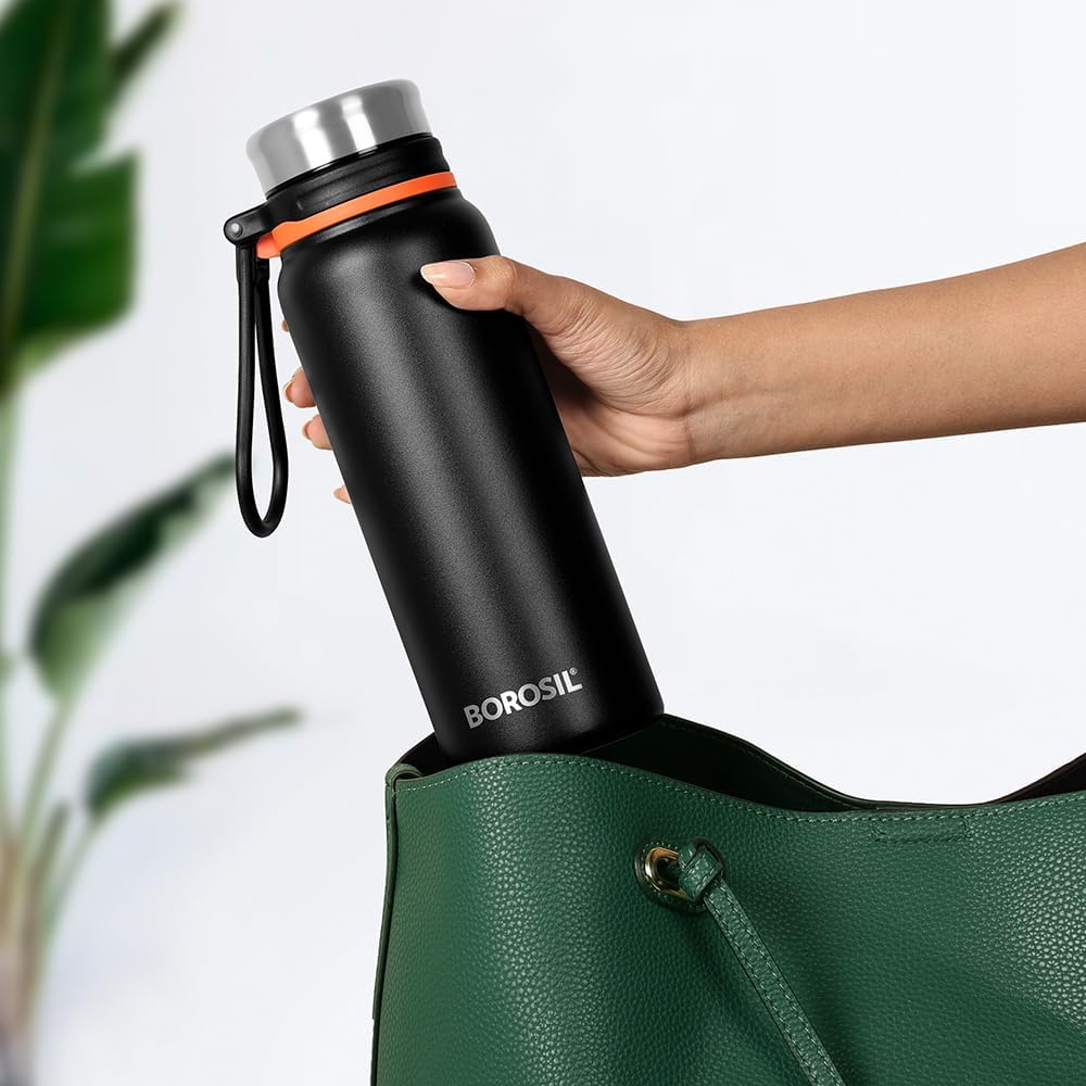 Borosil Hydra Aquafit 830 ml Black Stainless Steel Water Bottle | Double Wall Vacuum Insulated Thermo Flask | 14 hrs Hot & 16 hrs Cold | Leakproof, Wide Mouth, Strap | Bottle for Gym, Office, School