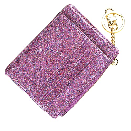 Image of woogwin Slim RFID Credit Card Holder for Women Mini Front Pocket Wallet Purse With Keychain, Glitter Purple, small, Compact