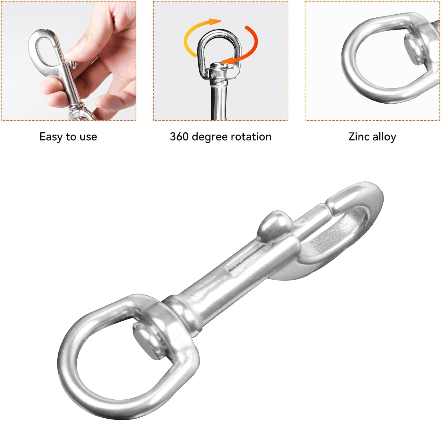 ORCATORCH Swivel Eye Snap Hook Stainless Steel Bolt Snap Corrosion-Resistant Marine Clips for Underwater Scuba Diving, Dog Leash, Key Chain, Camera Strap, Clothesline (Three Optional Size)