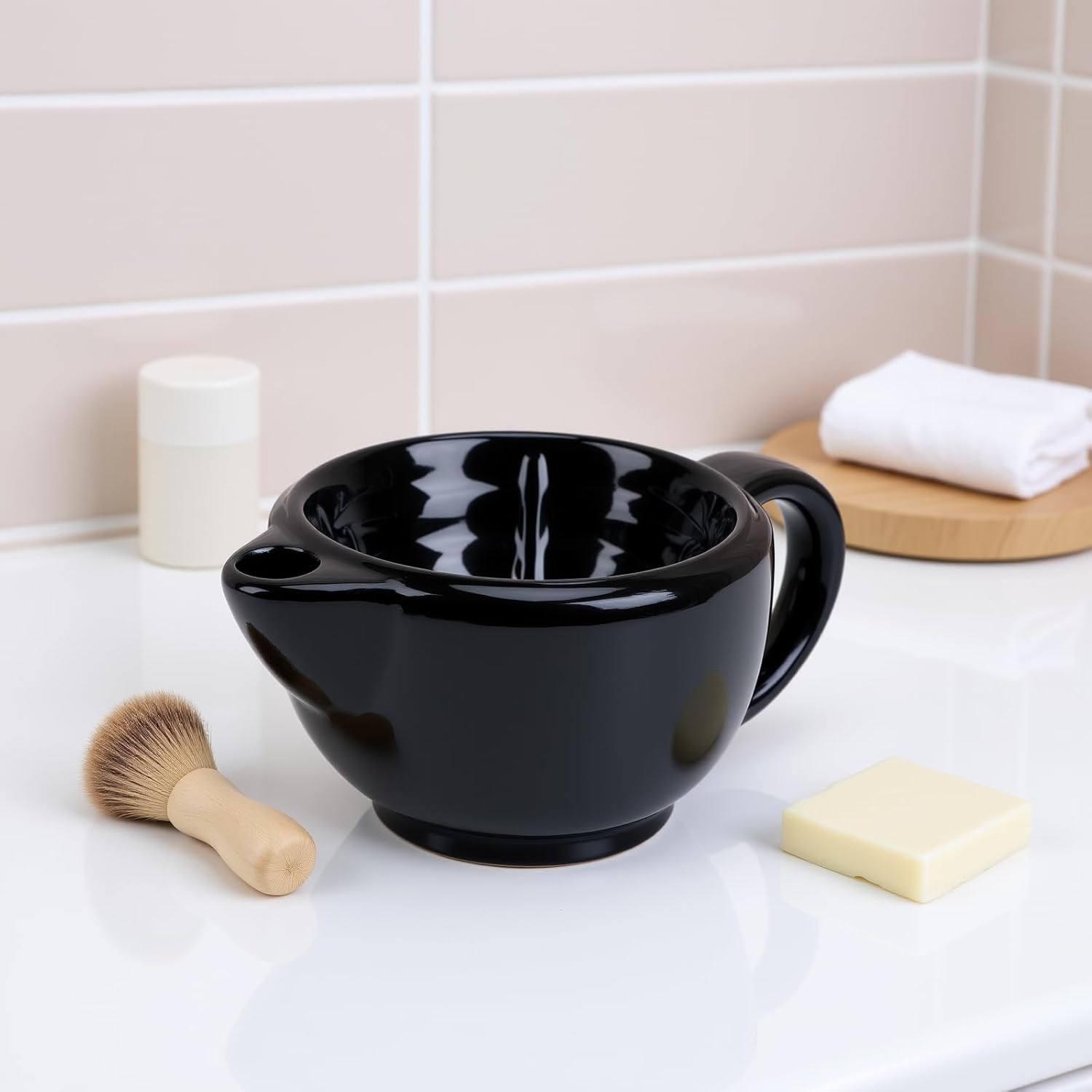 LICAEVEY Double Walled Ceramic Shaving Bowl, Heat Retention Lather Bowl with Wide Mouth & Textured Interior, Large Handle Shaving Mug for Men, Hot Lather Accessory (Double Layer)