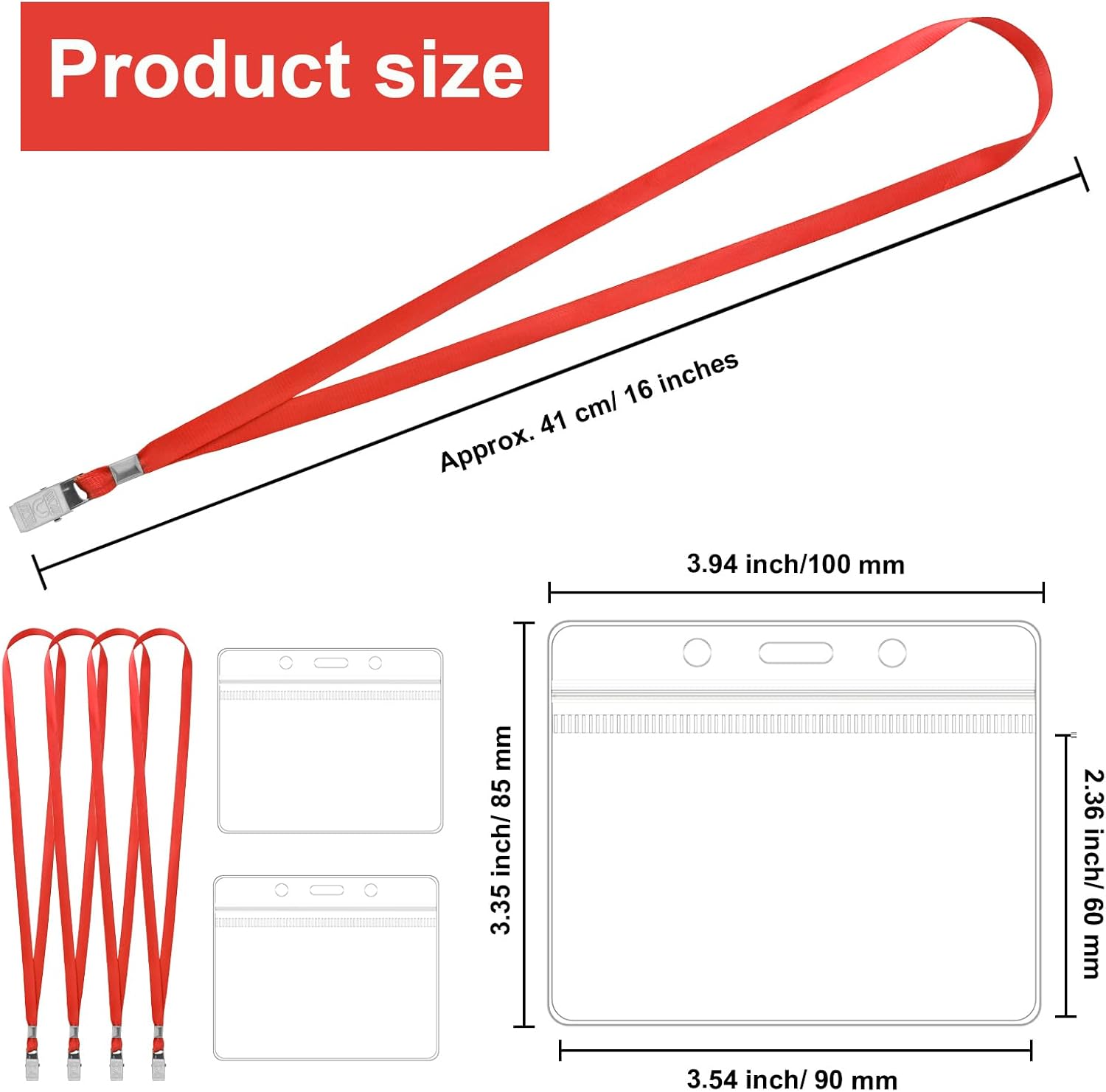 100 Pcs Lanyards for ID Badges and 100 Pcs Clear Name Tag Holders Reusable Lanyard with Clip Plastic ID Card Badge Holder Name Badges for Adults Kids Business School Office Supplies (Red)