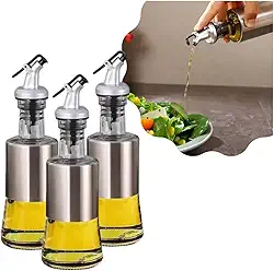 Kit 3 Porta Azeite Vinagre Com Dosador Vidro Inox 300ml Galheteiro Bico De Mesa Para Cozinha Restaurante Óleo (1)