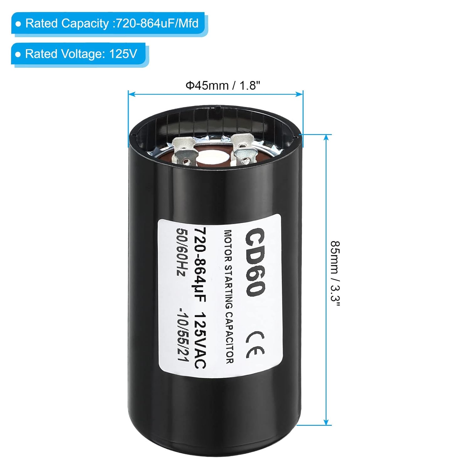 Patikil Motor Start Capacitor, 2 Pack 720-864uF/Mfd 125V 50/60Hz CD60 Run Capacitor for Electric Motor Starts