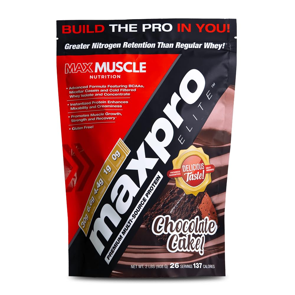 Max Muscle Maxpro Elite Premium Multi-Sourced Protein | Bcaas, Micellar Casein, Cold Filtered Whey Isolate and Concentrate | Promotes Muscle Growth, Strength and Recovery (Chocolate Cake, 2lb)