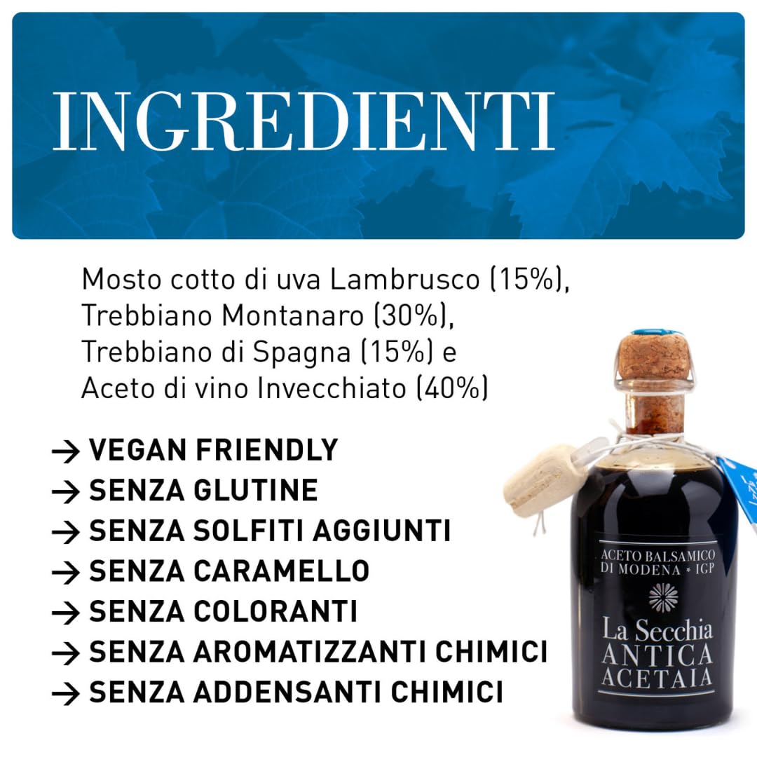 La Secchia - Aceto Balsamico di Modena IGP "Tre Stelle", Affinato in 12 botticelle di Ciliegio-Gelso, Media Densità, Bottiglia 250 ml con Tappo Dosatore in Sughero