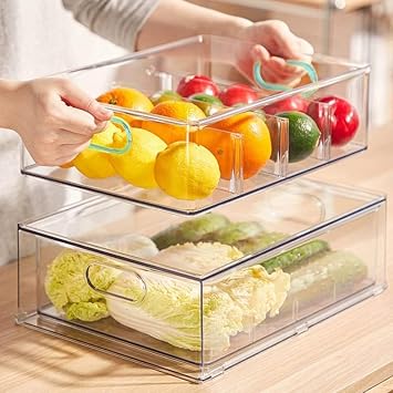 7Pack Clear Fridge Drawer Organizer Pull out Bins Stackable Refrigerator Organizer Bins with Handle for Kitchen Cabinet Organization Divided Produce Saver Container for Fruit Veggie Egg