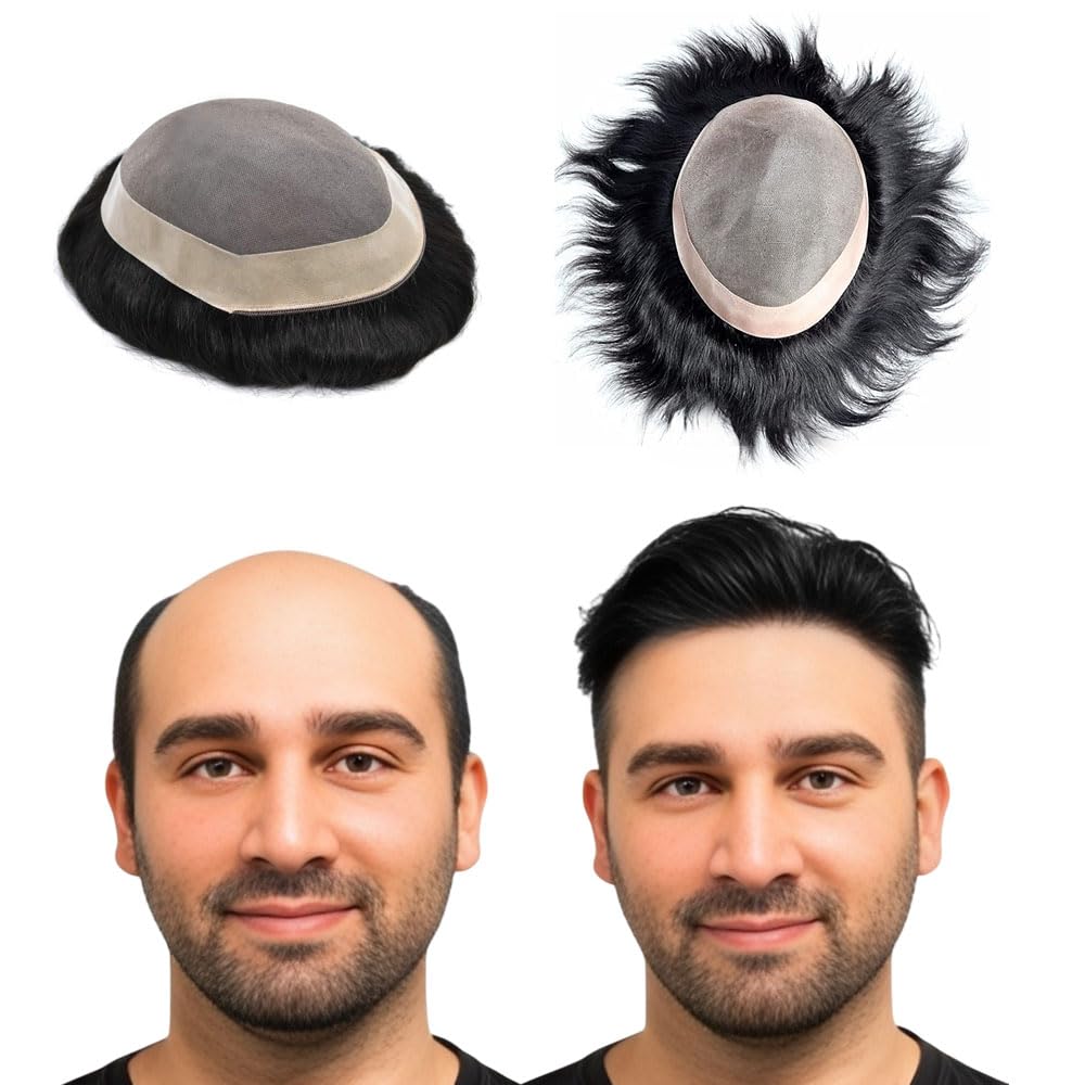 Real 100% Skin Men Wig Regular Base with Half PU Strip Human hair Patch (9X7)-image-13