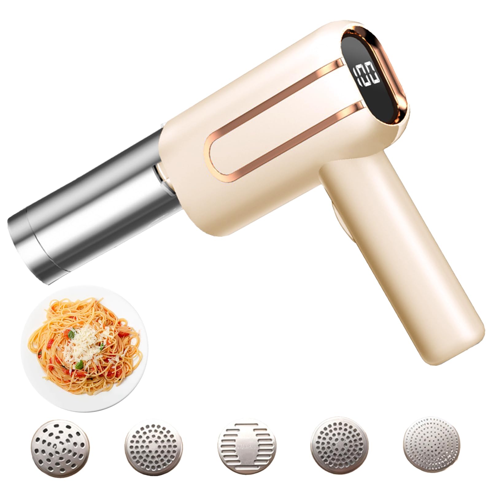 Pasta Machine, Handheld Electric Pasta Maker, 5-in-1 Cordless Noodle Maker, Electric Pasta Machine with Battery Level Display for Prepared Spaghetti/Fettuccine