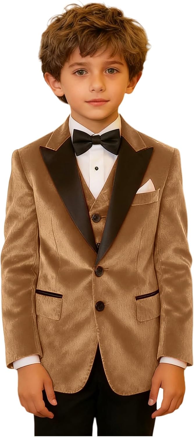 Kids Shinny Velvet Suit Blazer Vest Bow Tie Set Boys Formal Wedding Christmas Page Boy Photo Shoot