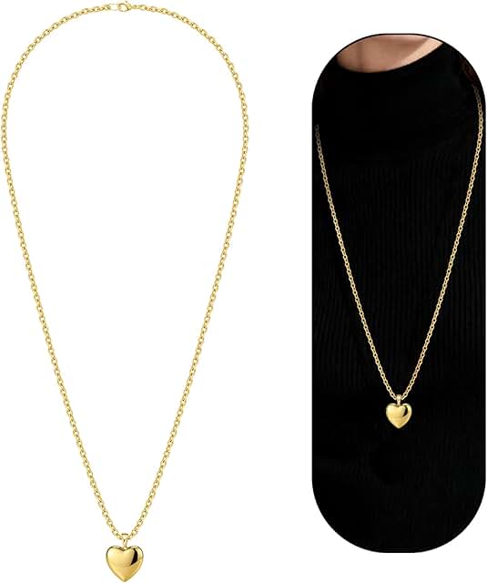 Chunky Gold Necklace for Women - 16k Gold Plated Long Chunky Puffy Heart...