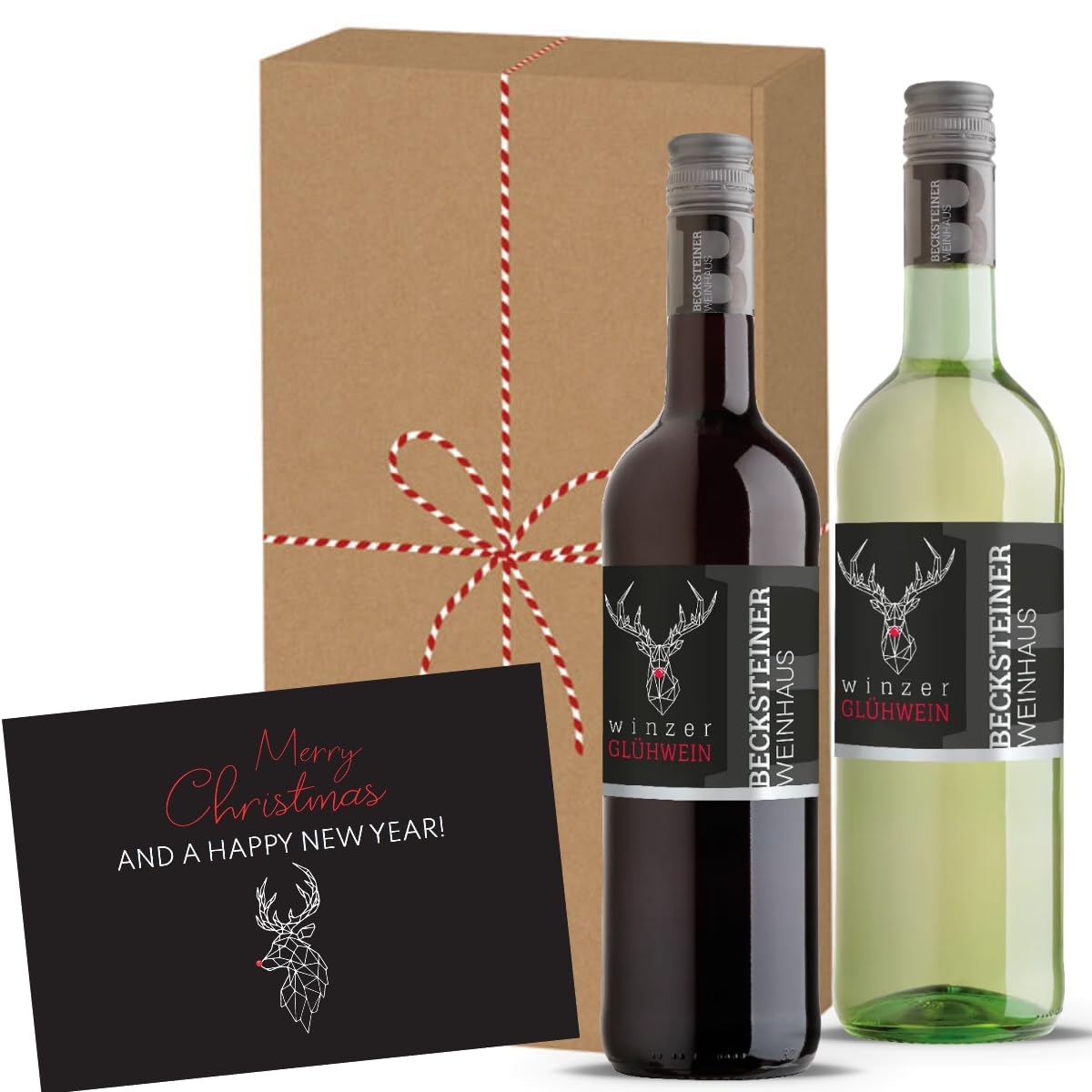 Glühwein Geschenkset mit 2x Becksteiner Winzer Wein (rot & weiß), Weihnachtskarte und Geschenkbox