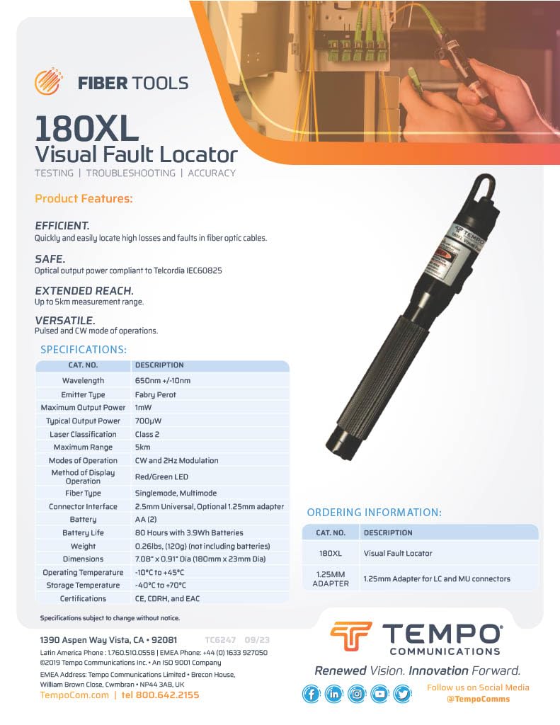 TEMPO Communications 180XL Visual Fault Locator Fiber Optic | Industrial Grade 1 mW Class 2 Certification VFL | Professional Fiber Light Meter