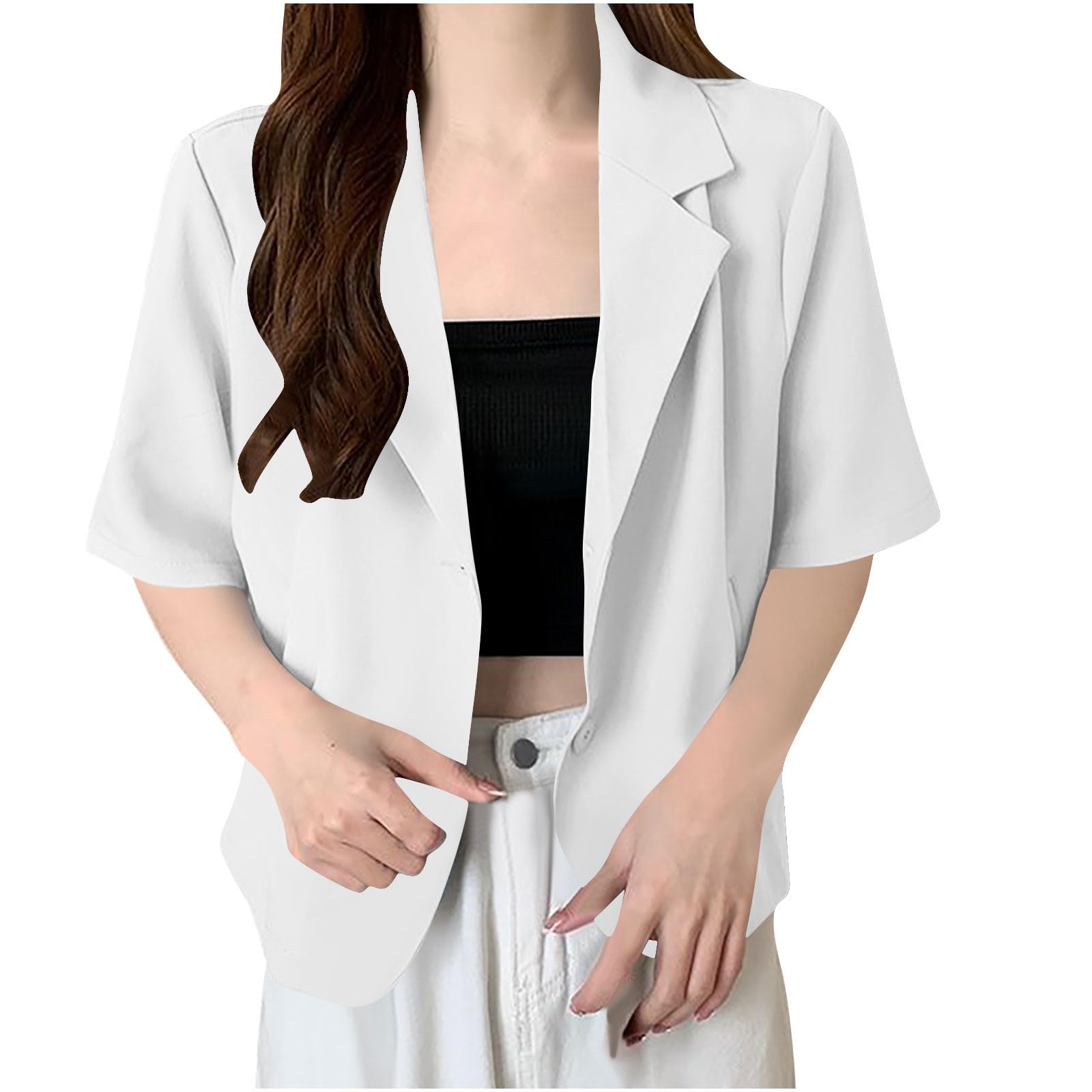 Women Lightweight Blazer Jacket Short Sleeve Summer Casual Outfits Button Down Lapel Collar Blazers Fashion Clothing