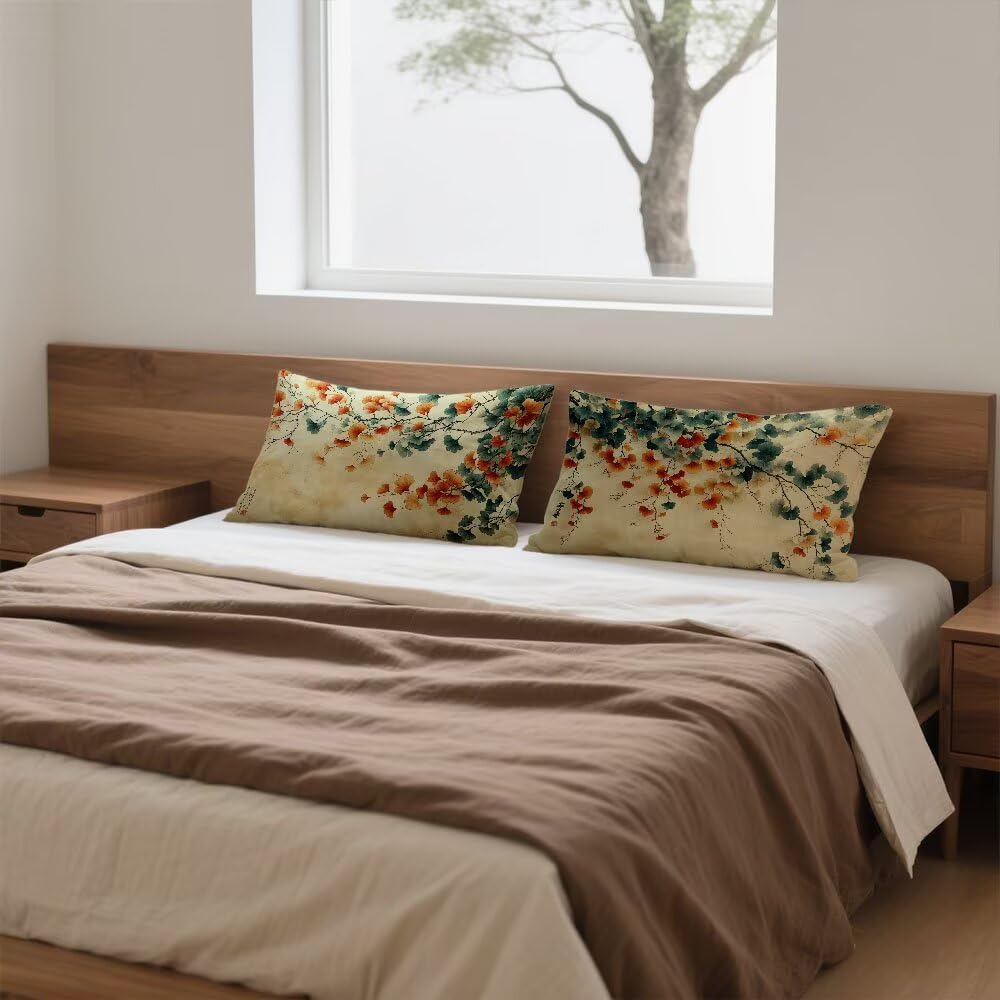 Kissenbezug Rot, Kopfkissenbezug 60x80cm 2er Set mit Unsichtbarer Reißverschluss, Doppelseitig Kissenhülle Sofakissen Schlafzimmer Dekokissen Bett Kissenbezüge, ZierkissenbezügeBlume0o-493