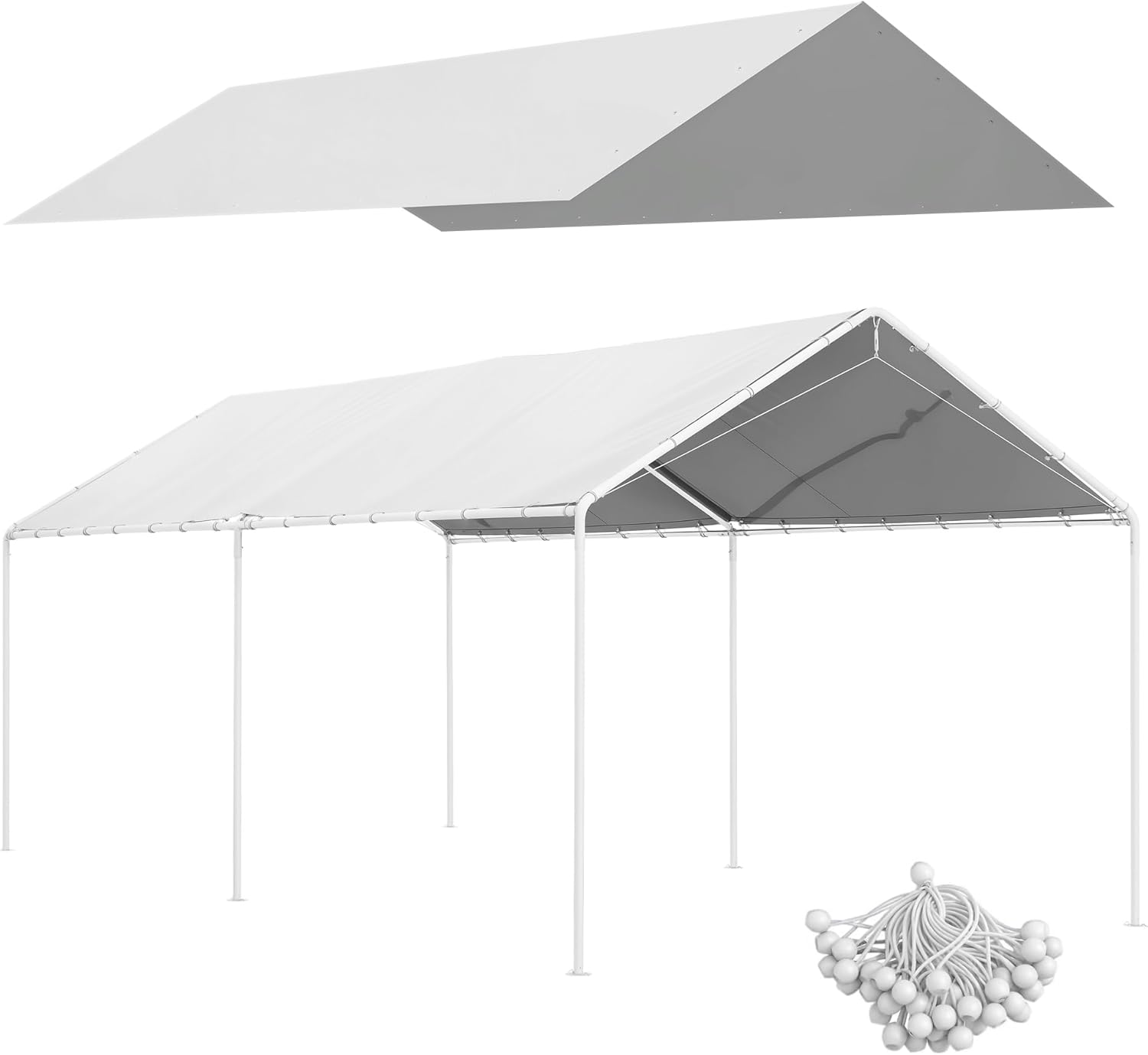 Outsunny 10' x 20' Carport Replacement Top Canopy Cover, UV Resistant and Water Resistant Car Port Portable Garage Tent Cover with Ball Bungee Cords, White, Only Cover