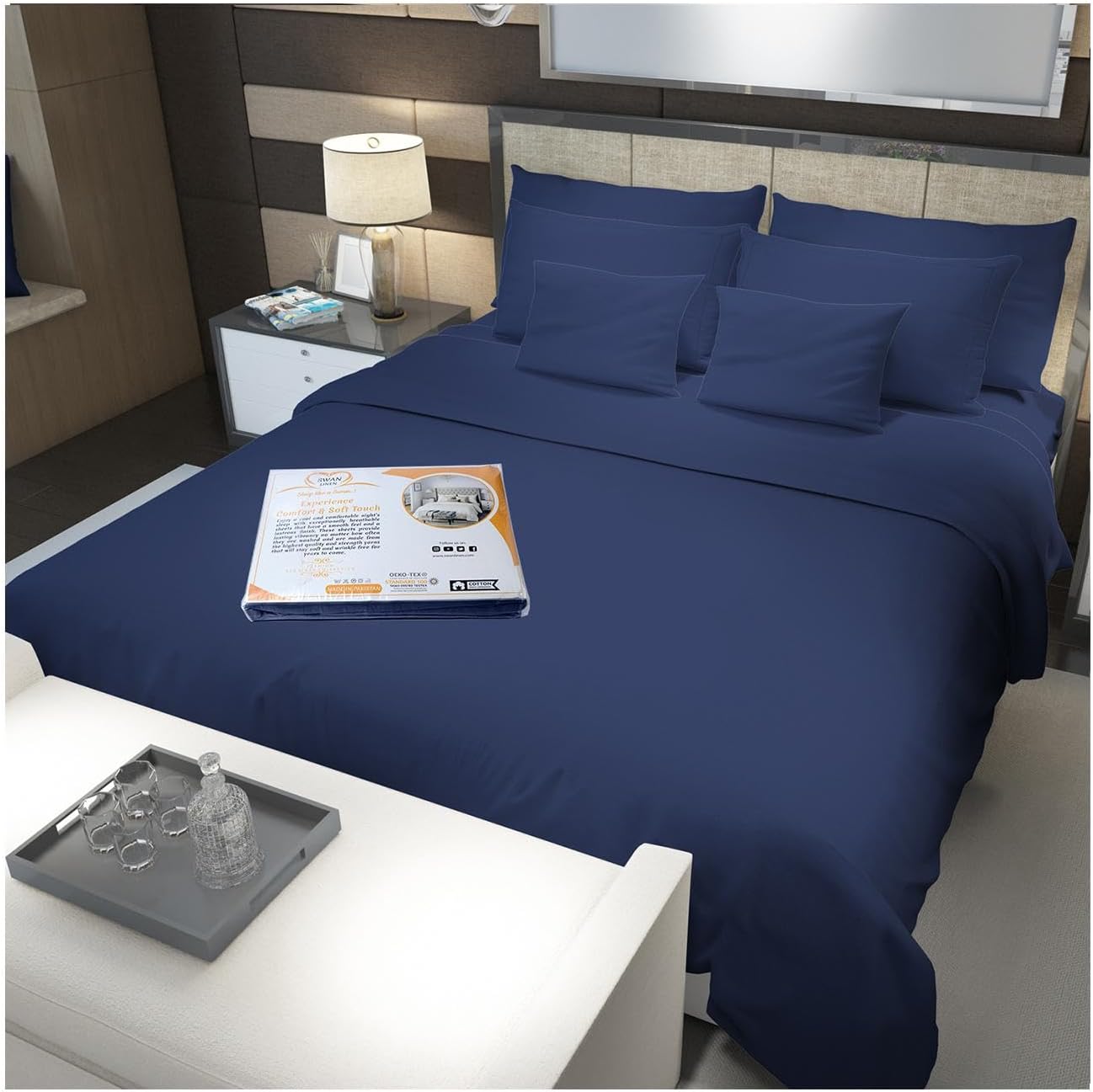 100% Cotton Bed Sheet 400 Thread Count Includes 1 Fitted Bed Sheet 180x200cm & 2 Pillowcase Deep Pocket all Around Elastic Silky Soft Fits up to 16 Inch Mattress (Navy Blue, King)