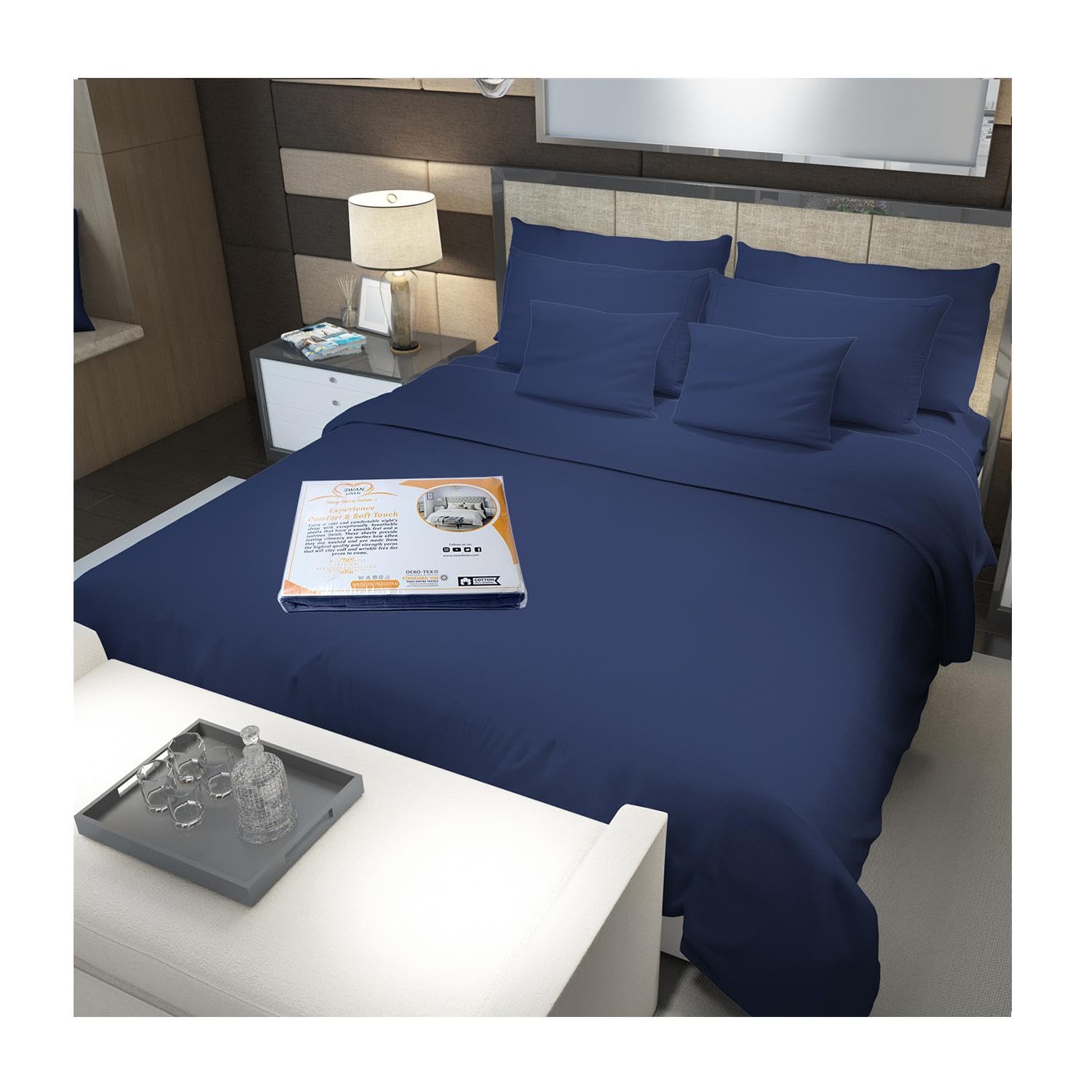 100% Cotton Bed Sheet 400 Thread Count Includes 1 Fitted Bed Sheet 180x200cm & 2 Pillowcase Deep Pocket all Around Elastic Silky Soft Fits up to 16 Inch Mattress (Navy Blue, King)