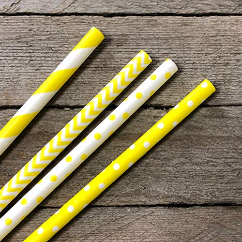 Pitillos de papel amarillo y blanco con diseños, paquete 100 miniatura 3