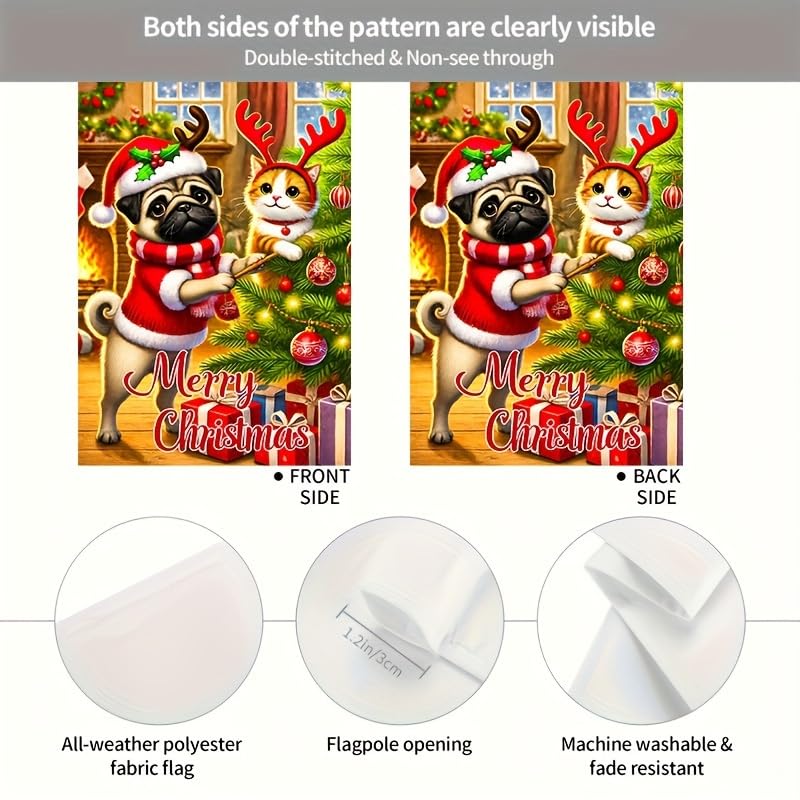 Image of BlissYard Christmas Pug and Cat Garden Flag 12x18 Inch Double Sided Merry Christmas Yard Banner Festive Pug Dog and Cat With Antlers by Christmas Tree Holiday Outdoor Lawn Porch Patio Pathway Seasonal Home Decoration