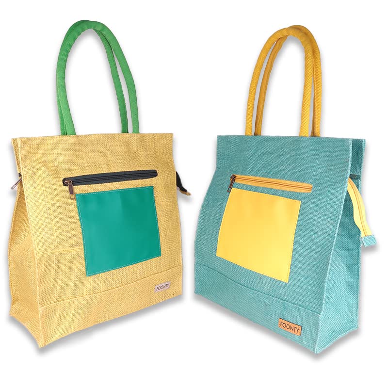 FOONTY Patch Pocket Style Jute Lunch Bag Men and Women(Pack of 2,Lime Yellow,Sea Green, FFFWB6020D) (B0BZWG2NPL) Amazon Price History, Amazon Price Tracker