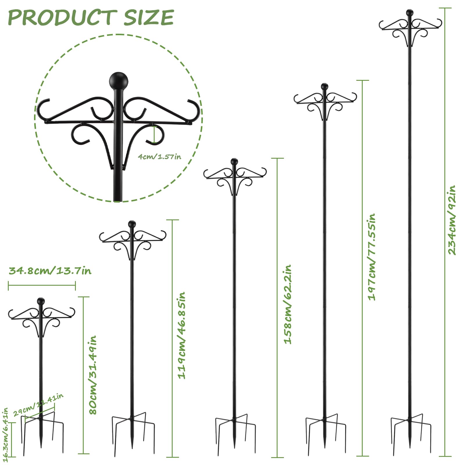 YiliYa Gancho de Pastor para Exteriores, 234cm Varilla de Metal para Jardín con Ganchos Estaca Jardín para Colgar Plantas, Linterna de Luz Solar, Decoraciones de Vacaciones, Comederos de Pájaros