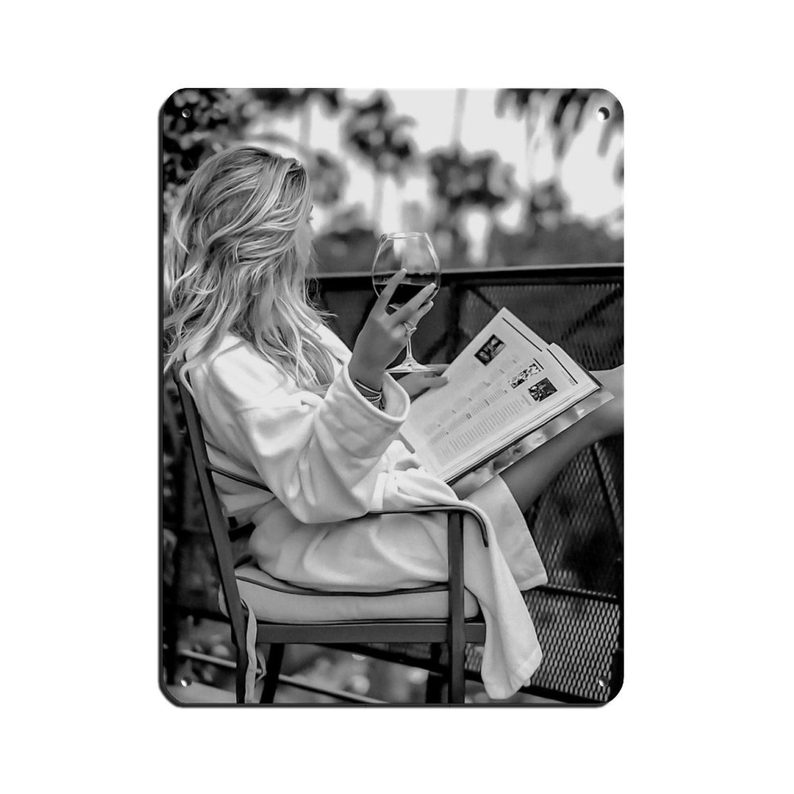 Woman Drinking Wine & Reading Magazine Retro Poster Metal Tin Sign Chic Art Retro Iron Painting Bar People Cave Cafe Family Garage Poster Wall Decoration 12x16inch(30x40cm)