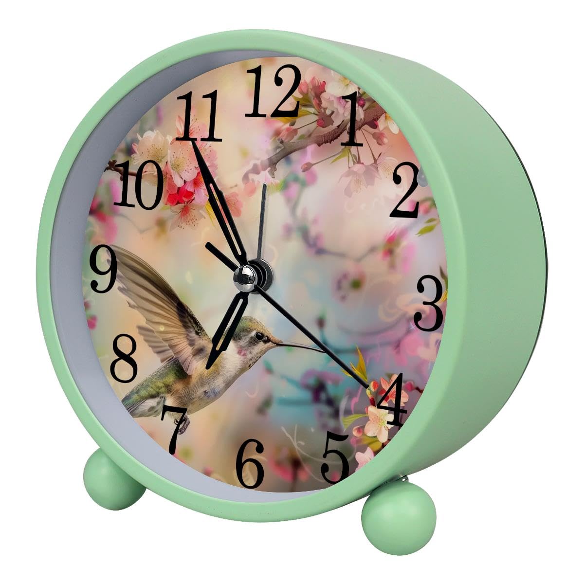 Alarm Clock Cherry Blossom Hummingbird, Silent Non-Ticking with Night Light