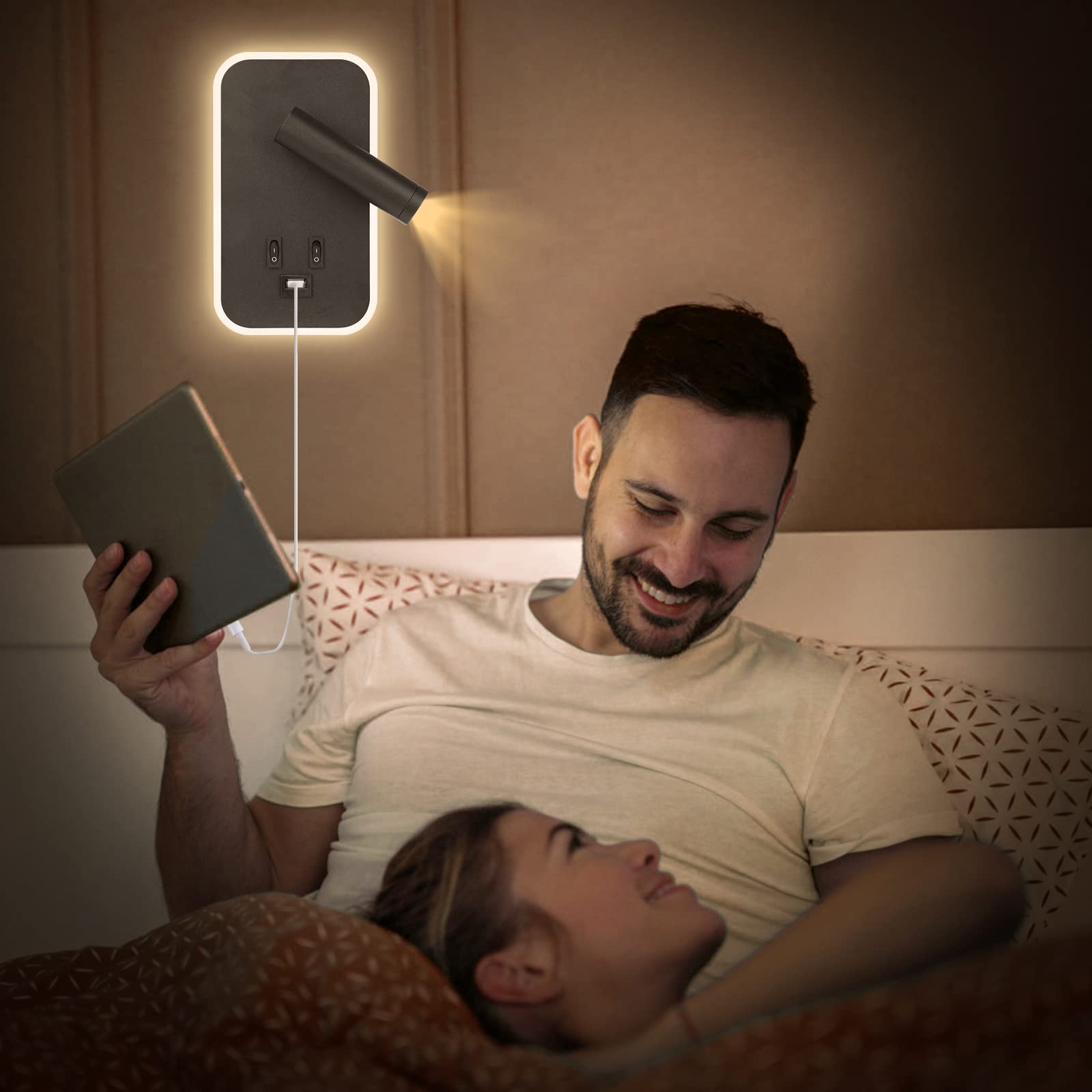 Lampada da comodino, 2 x applique da parete a LED con interruttore e ricarica USB, 3 W + 9 W, 3000 K, fissaggio a parete, faretto girevole, luci da parete, letto, lampada da parete, corridoio