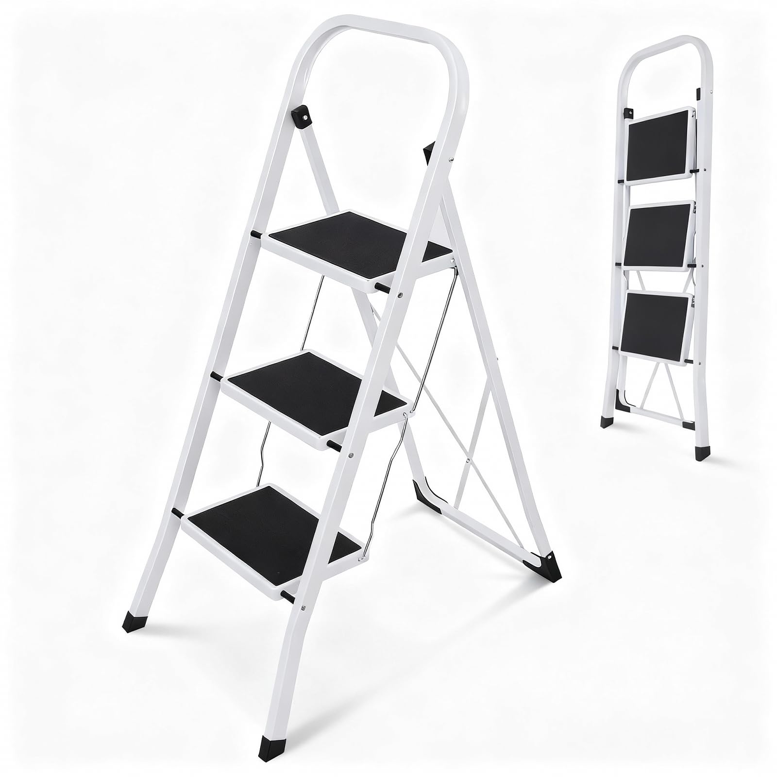 Sekey Trittleiter 3 Stufen klappbar, Leiter aus Stahl, rutschfeste Stufen, Klapptritt für Haushalt & Küche, SGS EN14183, bis 150 kg Belastbar, Schwarz/Weiß