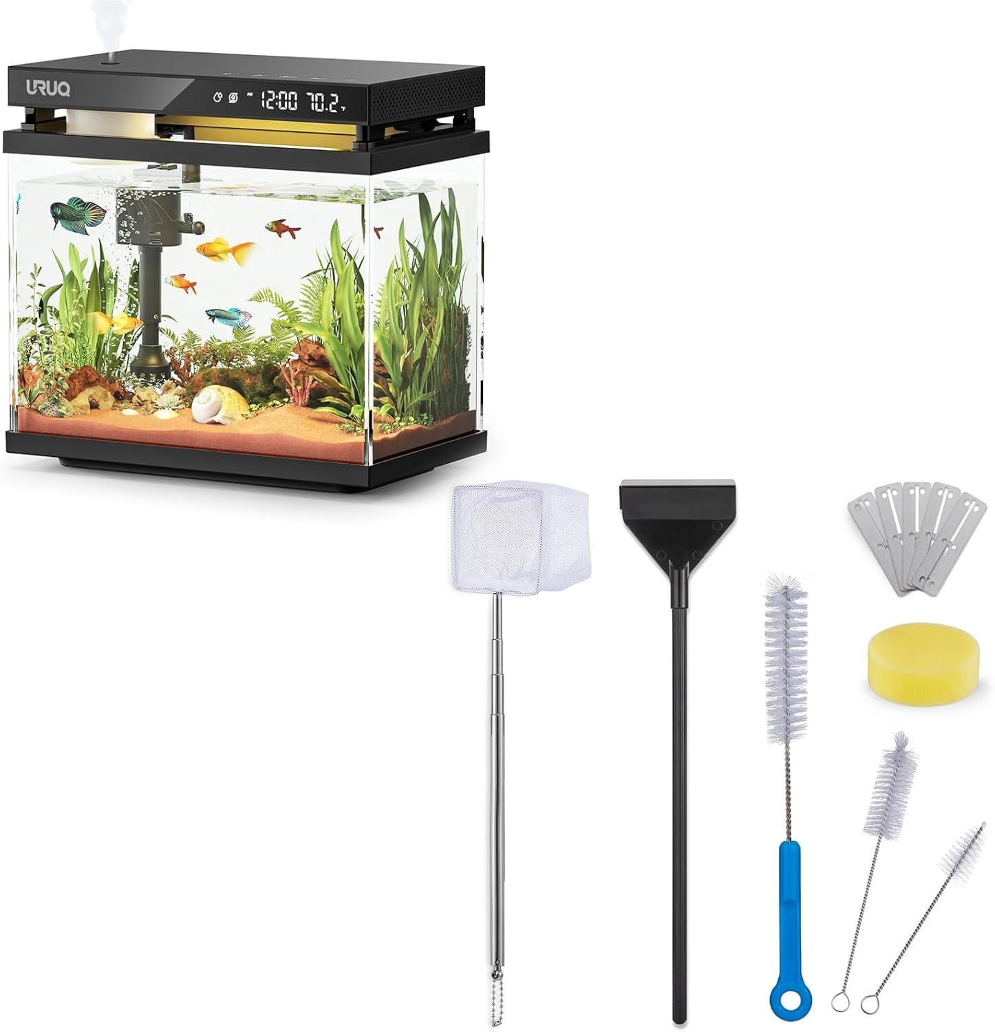URUQ 2 Gal Fish Tank Betta Aquarium Kit Aroma Black & 11 Pcs Fish Tank Cleaning Kit Set