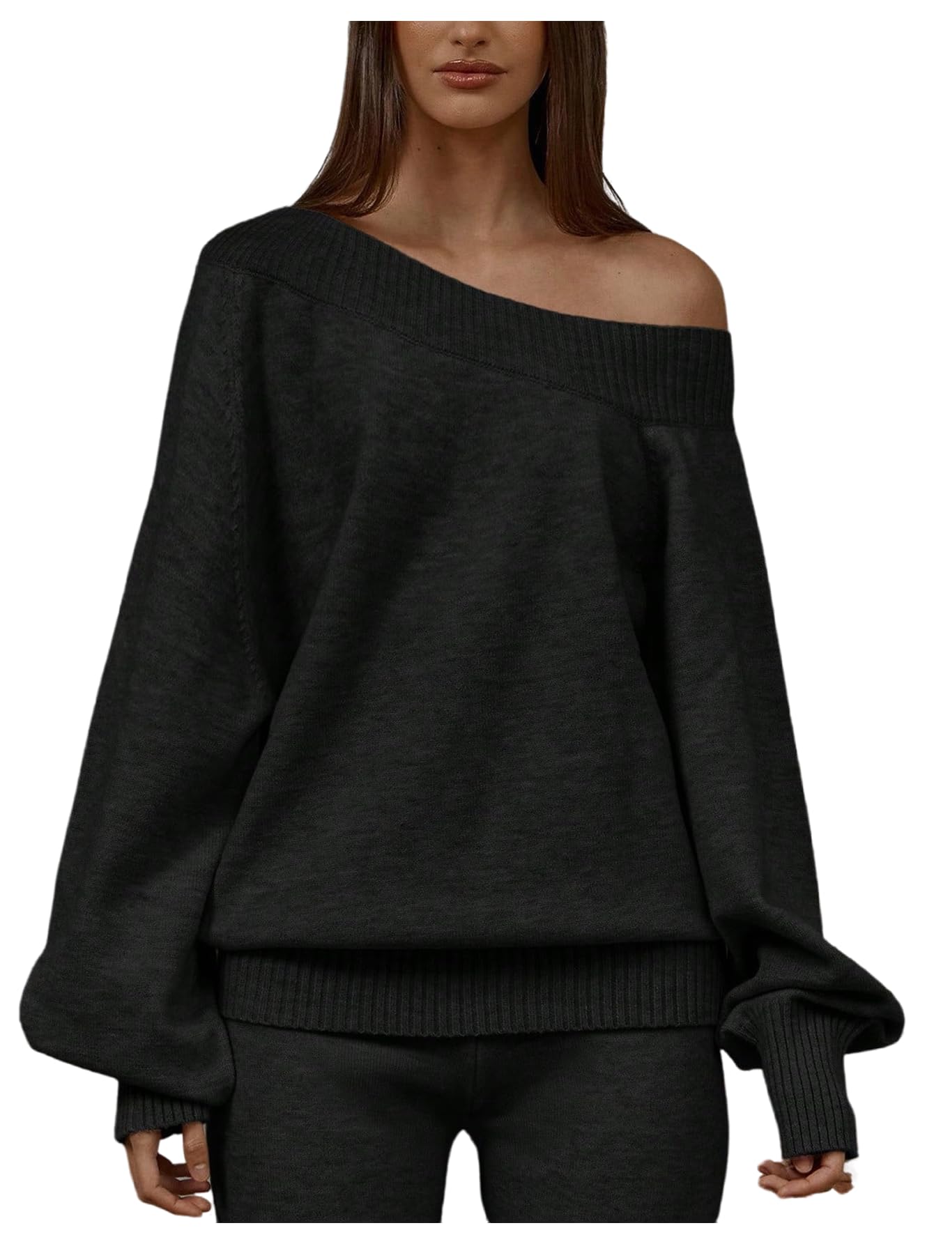 Womens Off The Shoulder Sweaters Bishop Sleeve Cuffed Hem Jumper Pullovers Knit Tops