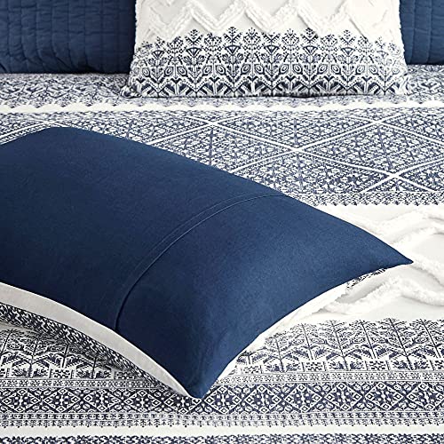 Image of Ink+Ivy Queen Comforter Set, Chic Chevron Chenille Tufting Accent, Boho Comforters, All Season, Lightweight Cotton Comforter Bedding, 2 Shams, Mila, Full Navy 3 Piece
