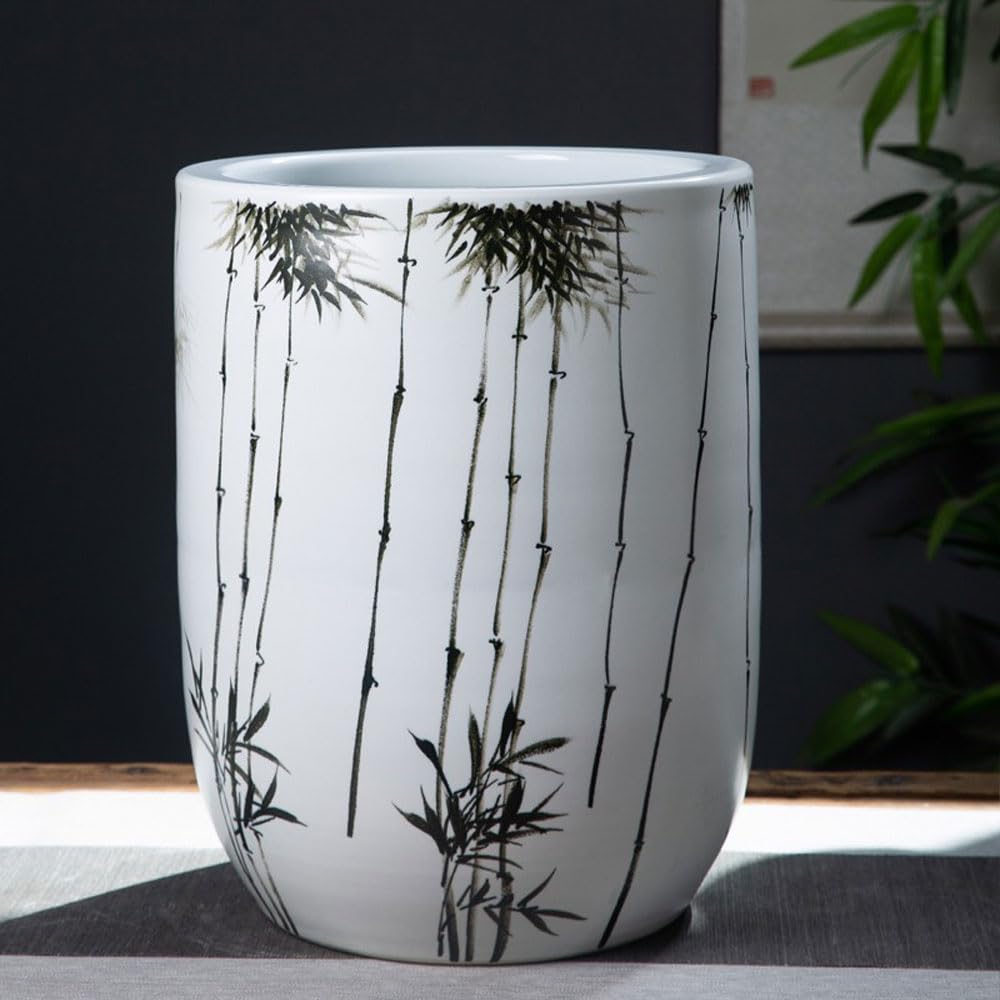 SWENEEN Jingdezhen Planter With Tray-Height 42Cm/16.5In Retro Round Decorative Flower Pot Indoor,Large Diameter Hand Drawn Patterns Bonsai Pot,Home Decor,